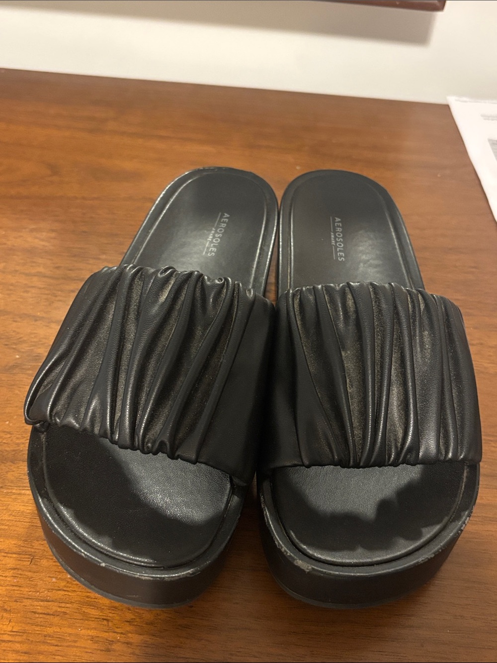AEROSOLES Black Gathered Strap Slide Sandals